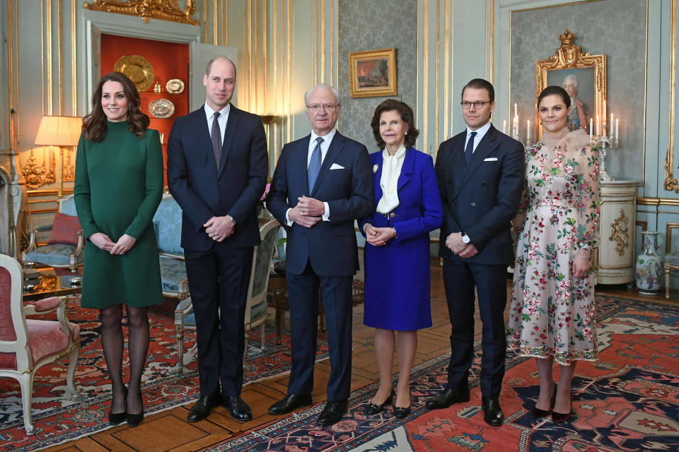 Britain’s Prince William and Catherine, the Duchess of Cambridge are greeted by Sweden’s King Gustaf, Queen Silvia , Prince Daniel and Crown Princess Victoria ahead of a lunch at the Royal Palace of Stockholm on the first day of their visit to Sweden January 30, 2018. REUTERS/Victoria Jones/Pool