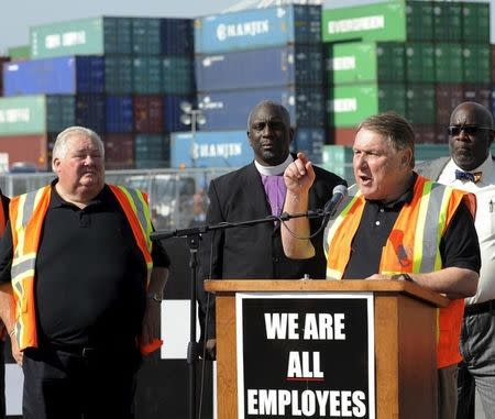 President of the International Brotherhood of Teamsters labour union James P. Hoffa speaks at a news conference regarding truck drivers striking against what they say are misclassification of workers at the Ports of Long Beach and Los Angeles in Long Beach, California October 27, 2015. REUTERS/Bob Riha Jr.