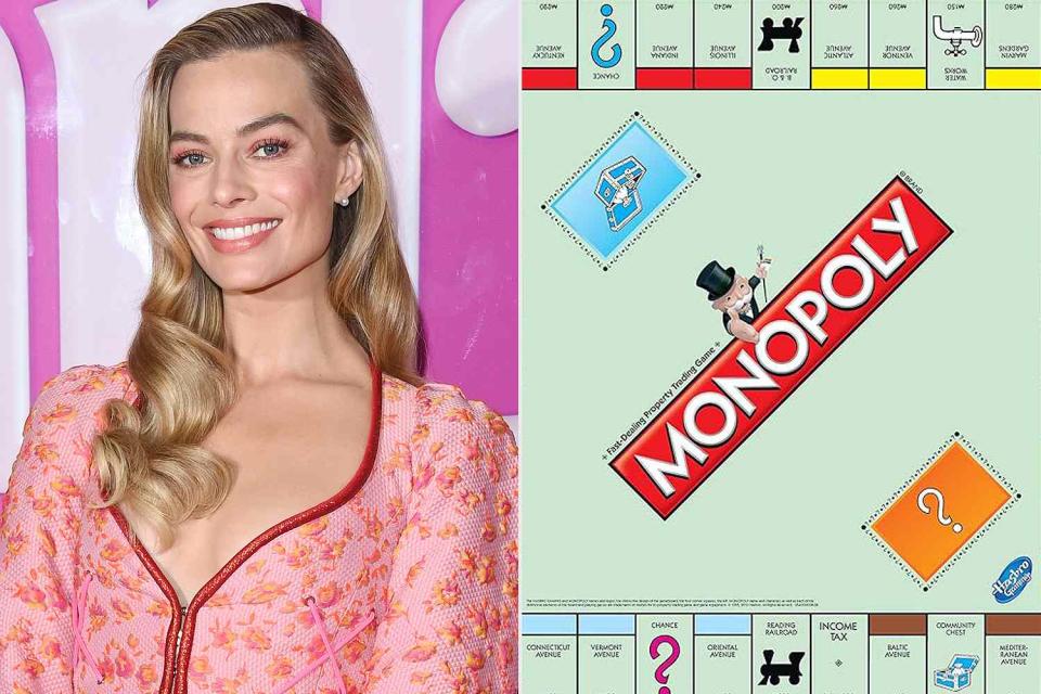 <p>Stuart C. Wilson/Getty Images; Amazon</p> Margot Robbie; <em>Monopoly</em> game board