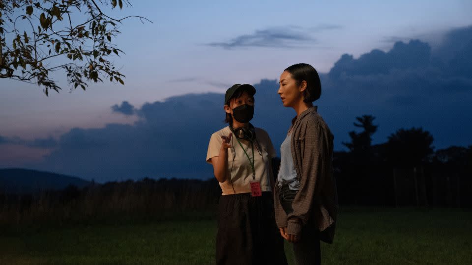 Celine Song, Greta Lee on the set of "Past Lives" - Jon Pack/A24 Films