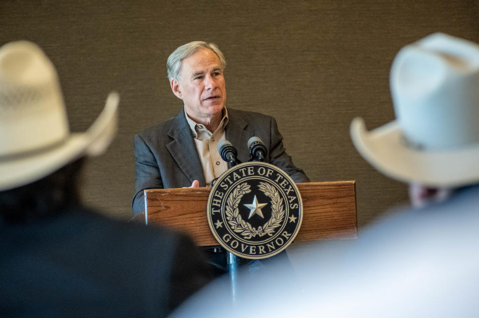 Texas Governor Greg Abbott delivers remarks to the Texas Border Sheriffs Coalition Monday, April 11.