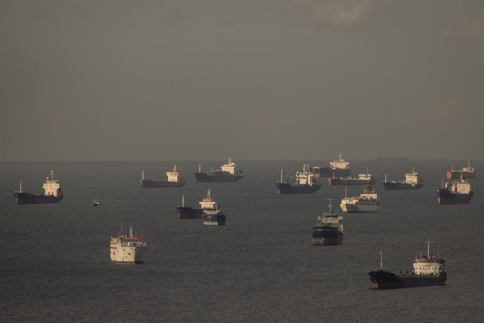 ISTANBUL, TURKEY - OCTOBER 14: Ships, including those carrying grain from Ukraine and awaiting inspections are seen anchored off the Istanbul coastline on October 14, 2022 in Istanbul, Turkey. Under the terms of the Black Sea Grain Initiative, which paved the way for Ukraine to safely ship grain from three key ports, vessels must be inspected by a team of officials from Turkey, Ukraine, Russia and the United Nations the lengthy inspection process has caused a shipping traffic jam, with some ships waiting days at anchor off the Istanbul coast for inspection teams. The Joint Coordination Center (JCC) has increased the number of inspection teams to try to speed up the process and clear the backlog.  (Photo by Chris McGrath/Getty Images)