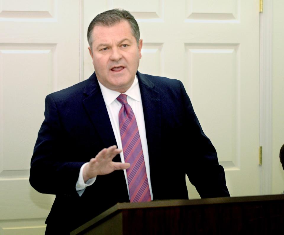 State Rep. Mike Coffey, R-Springfield,  speaks at the Sangamon County Republican Headquarter after being voted in to replace Tim Butler Thursday Jan. 5, 2023.