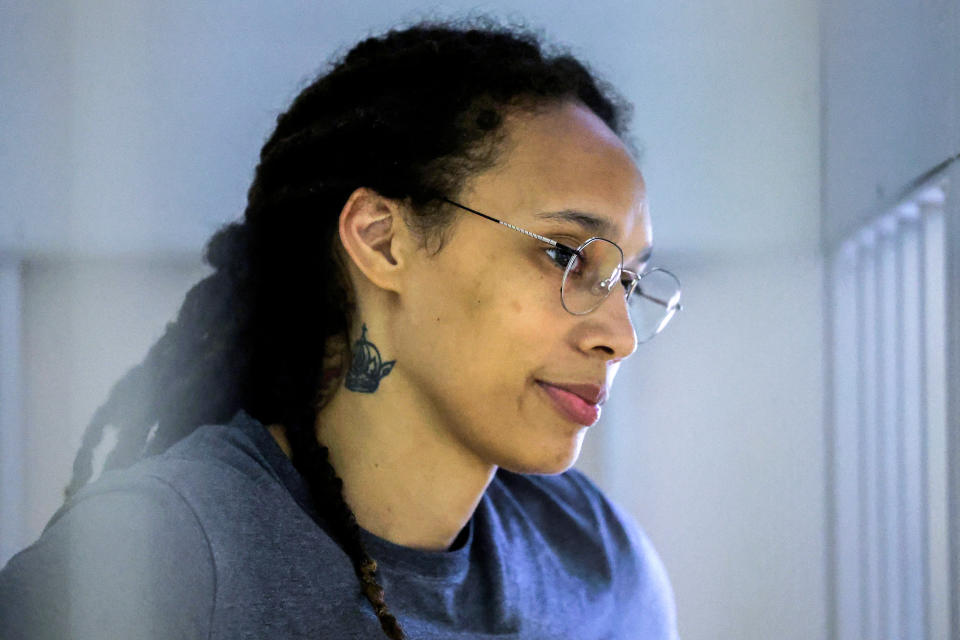 Brittney Griner at a hearing in Khimki outside Moscow on Aug. 4, 2022. (Evgenia Novozhenina / Pool via AFP - Getty Images file)