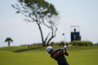 Garrick Higgo, of South Africa, hits from the fairway on the third hole during a practice round at the PGA Championship golf tournament on the Ocean Course Tuesday, May 18, 2021, in Kiawah Island, S.C. (AP Photo/David J. Phillip)