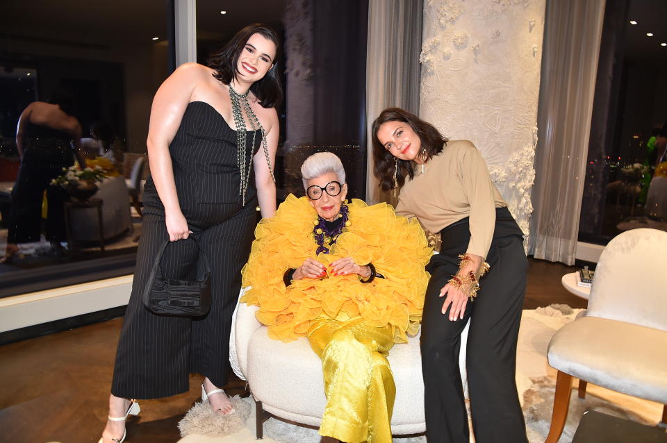 NEW YORK, NEW YORK - SEPTEMBER 09: Barbie Ferreira, Iris Apfel and Katie Holmes attend Iris Apfel's 100th Birthday Party at Central Park Tower on September 09, 2021 in New York City. (Photo by Patrick McMullan/Patrick McMullan via Getty Images for Central Park Tower)