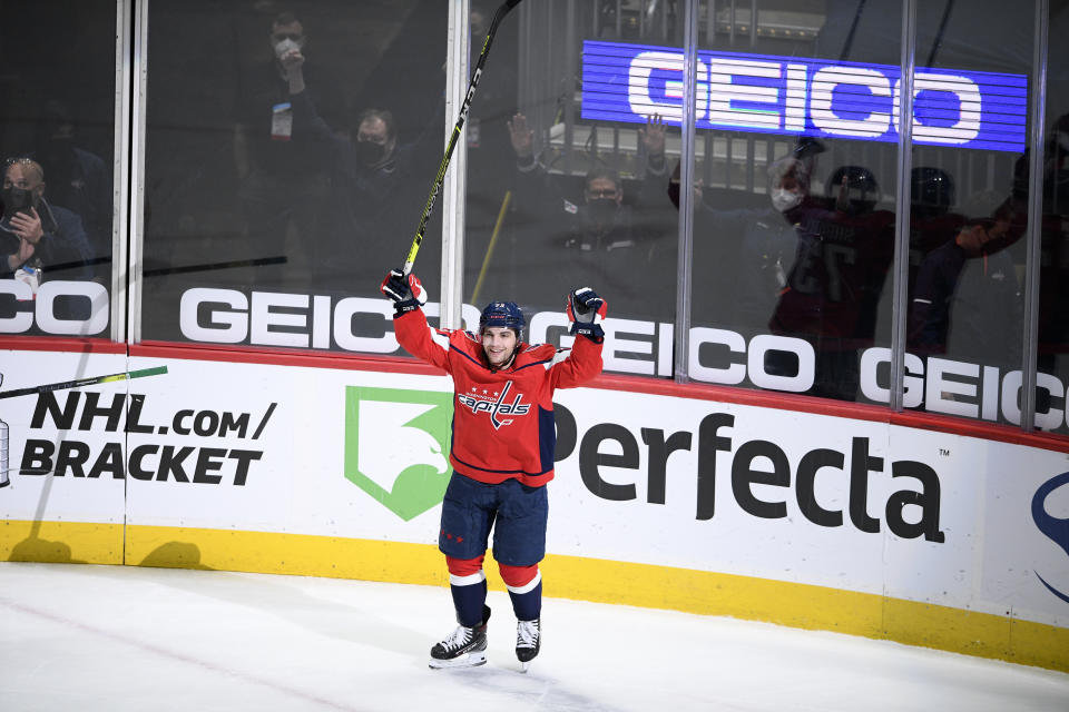 Washington Capitals left wing Conor Sheary celebrates his overtime goal against the Philadelphia Flyers during an NHL hockey game Saturday, May 8, 2021, in Washington. The Capitals won 2-1. (AP Photo/Nick Wass)