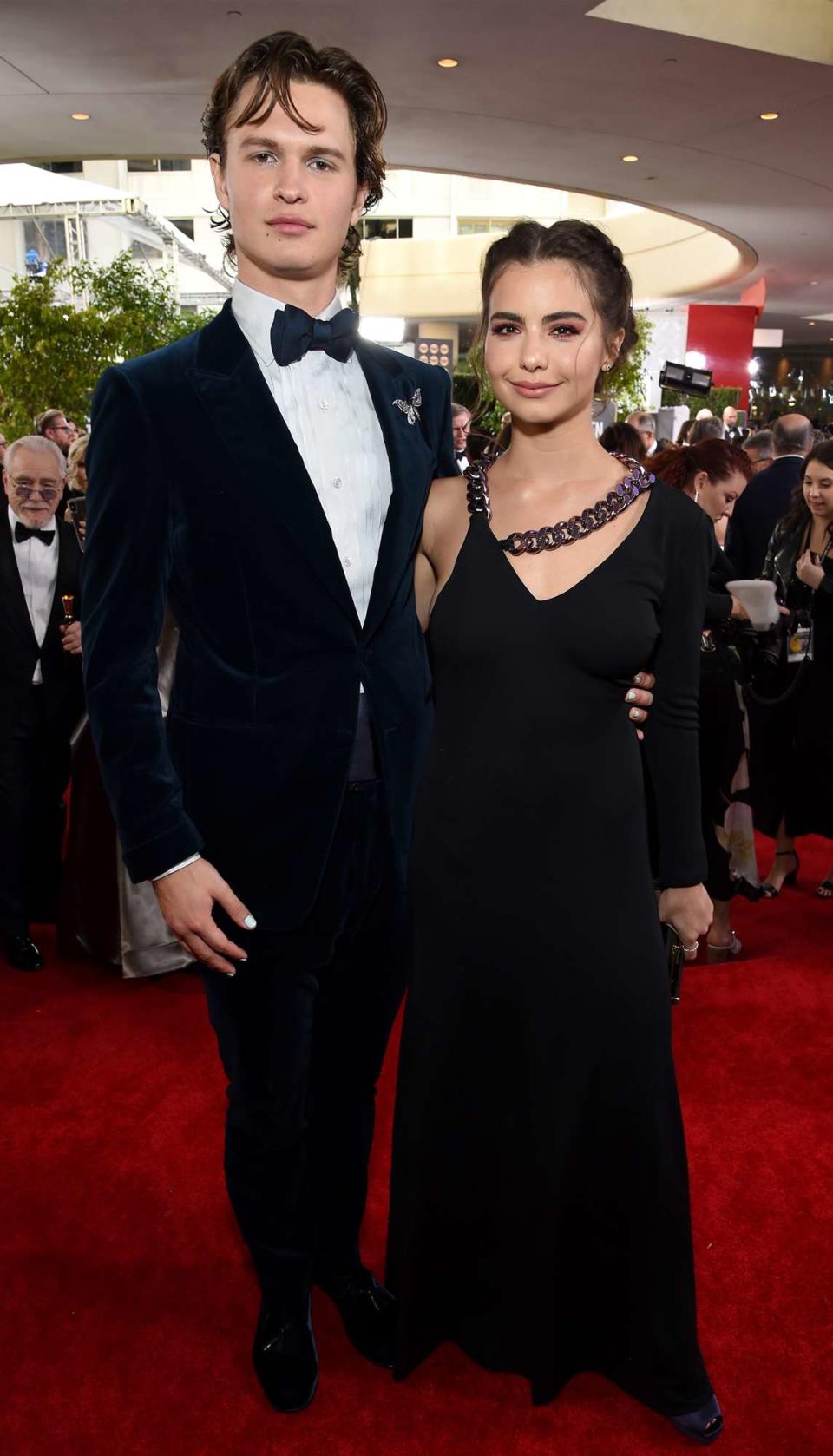 Ansel Elgort and Violetta Komyshan attend the 77th Annual Golden Globe Awards at The Beverly Hilton Hotel on January 05, 2020 in Beverly Hills, California