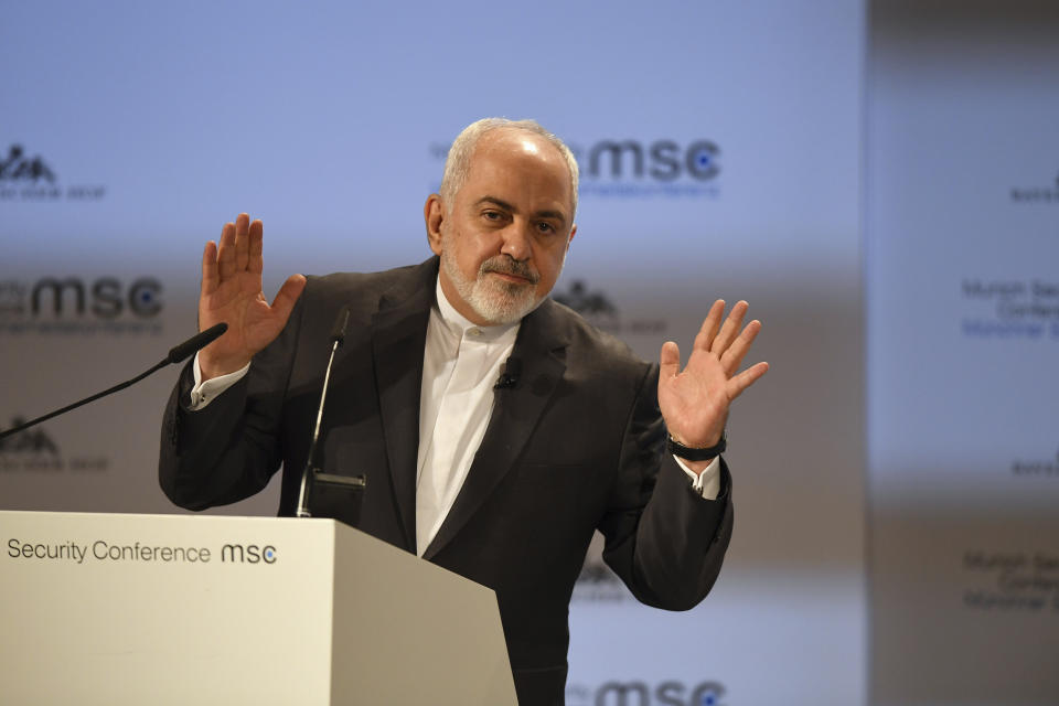 Iranian Foreign Minister Mohammad Javad Zarif speaks during the Munich Security Conference in Munich, Germany, Sunday, Feb. 17, 2019. (AP Photo/Kerstin Joensson)