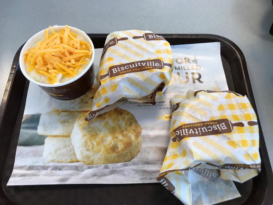 As you might expect at a restaurant named Biscuitville, biscuits are king, and the brand’s signature is that a new batch is cooked every 15 minutes.