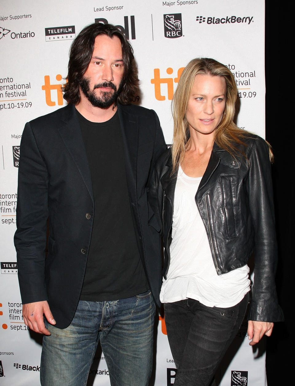 Actors Keanu Reeves and Robin Wright Penn speak onstage at the 'The Private Lives Of Pippa Lee' press conference held at the Four Seasons Hotel on September 15, 2009 in Toronto, Canada.  