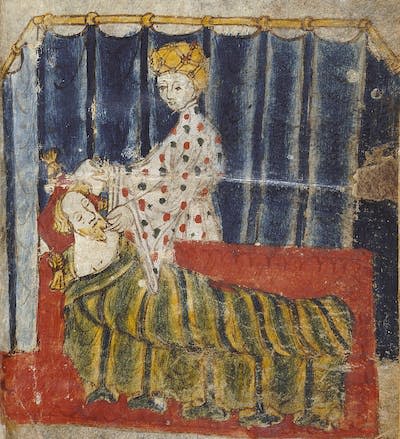 Tentación de Sir Gawain por Lady Bertilak. Ilustración que forma parte de <em>Sir Gawain y el Caballero Verde</em> (Cotton Nero A.X), de finales del siglo XIV. <a href="https://digitalcollections.ucalgary.ca/Browse/Collections/Gawain-Manuscript/" rel="nofollow noopener" target="_blank" data-ylk="slk:British Library;elm:context_link;itc:0;sec:content-canvas" class="link ">British Library</a>