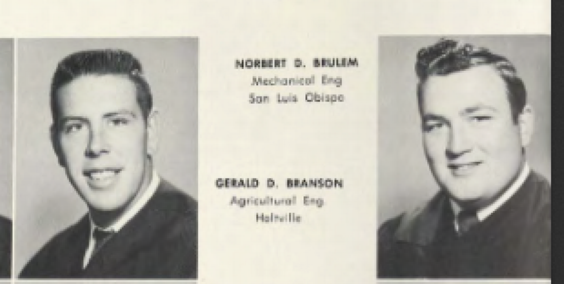 The Tribune asked Cal Poly’s Office of Alumni Engagement if they had records of someone with “GDB” initials who graduated in either 1955 or 1985. Fanning said she had “no luck” finding a match. However, on Cal Poly’s 1955 scanned, online yearbook, a student named Gerald D. Branson is pictured. 