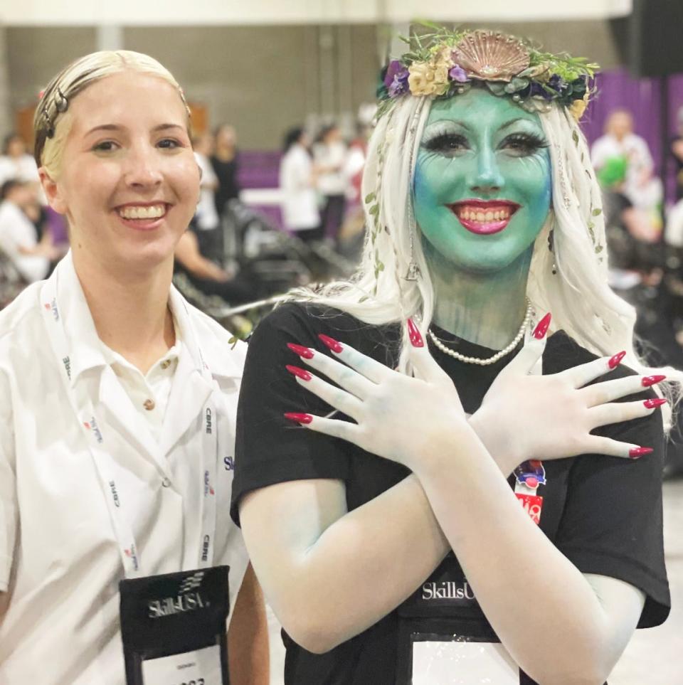 Graduating B-P senior Tess Brunelle, left, competed in a series of timed challenges at the National Skills USA competition in June in Atlanta Georgia: a facial, daytime/nighttime makeup and fantasy makeup with a Disney theme, with incoming B-P junior Emily Rouleau, right, serving as Brunelle’s model. This fantasy makeup entry was based on Ursula from the Little Mermaid.