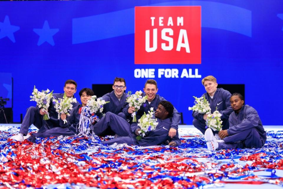 The U.S. Olympic Men’s Gymnastics Team and alternates celebrate after the Team Trials in Minneapolis on June 29, 2024.<span class="copyright">Nikolas Liepins—Anadolu/Getty Images</span>