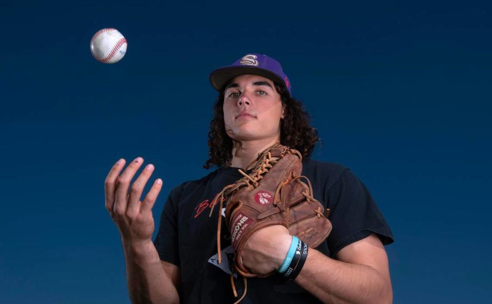 Sumner senior outfielder Jay Mentink will take his hard-hitting style to both the baseball and football teams at Princeton University. Mentink is shown at Sumner High School in Sumner, Washington, on Tuesday, May 2, 2023.