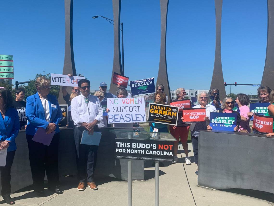 Charles Graham, a Democratic state representative running for Congress from North Carolina’s 7th district, speaks during a press conference on Friday, Sept. 23, 2022 in Wilmington.