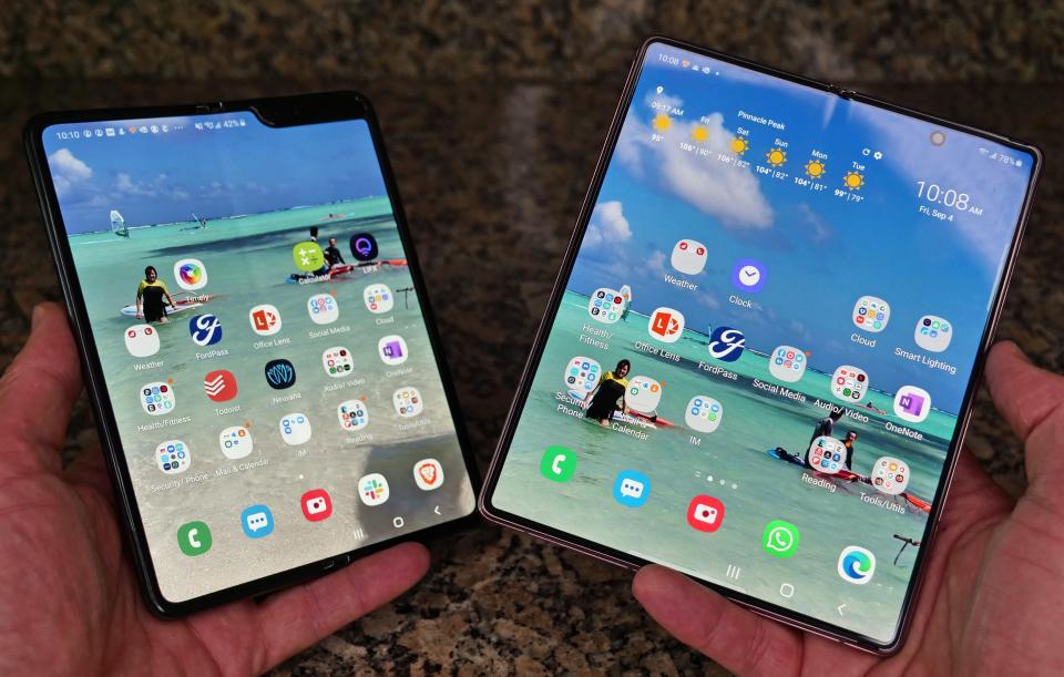 The original Galaxy Fold, left, compared to the new Fold2, right, unfolded.