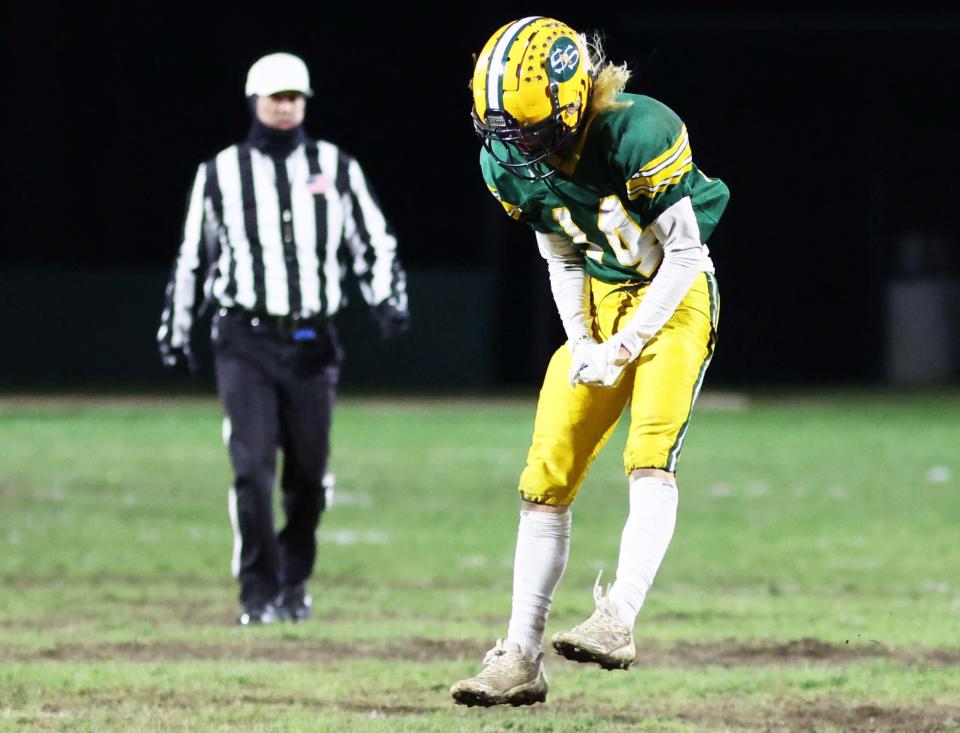 South Shore's Todd Egan celebrates a first down in the fourth quarter during a game versus Blue Hills Regional Technical School on Thursday, Nov. 17, 2022.  