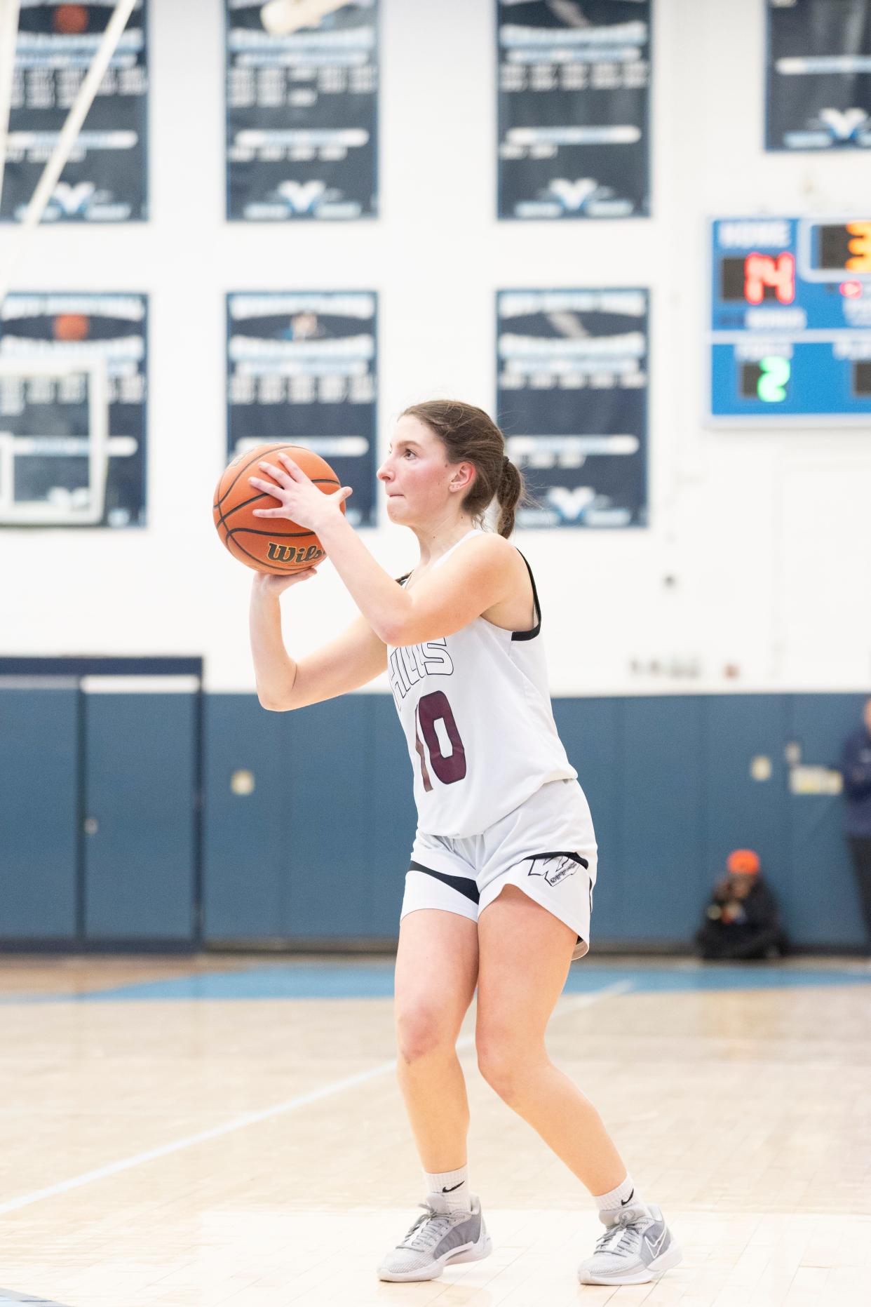 Feb 17, 2024; Wayne, New Jersey, United States; Wayne Hills vs. Eastside in the Passaic County Girls Basketball Championship at Wayne Valley High School. WH #10 Arianna Polifonte takes a shot.