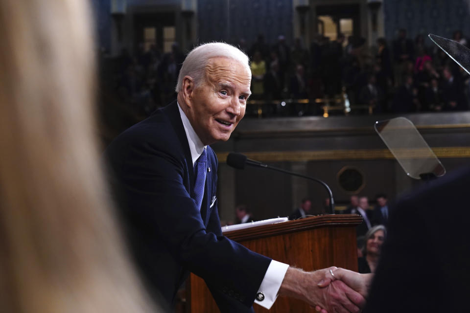 President Joe Biden shakes hands after delivering the State of the Union address to a joint session of Congress at the Capitol, Thursday, March 7, 2024, in Washington. (Shawn Thew/Pool via AP)