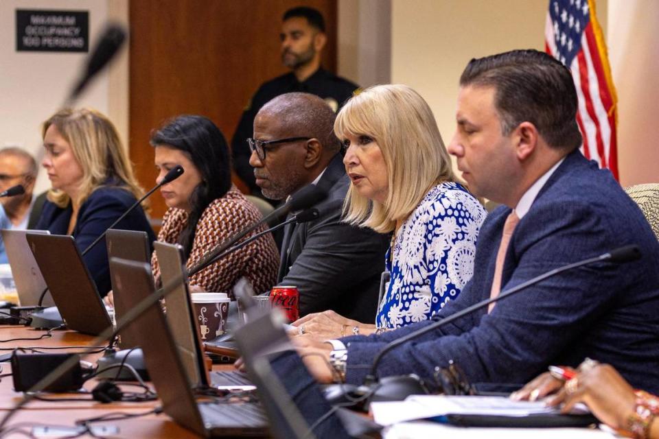 Miami-Dade County School Board Chair Mari Tere Rojas speaks during a board meeting to discuss the adoption of new social studies instructional materials at the Miami-Dade County School Board Administration Building in Downtown Miami, Florida, on Wednesday, September 27, 2023.