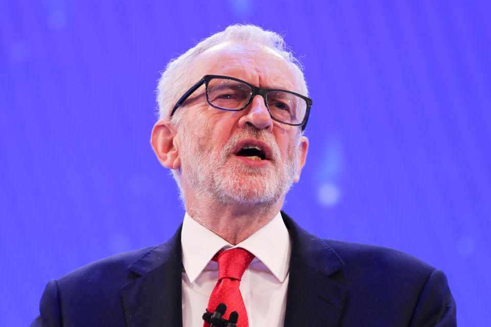 Leader of the Labour Party, Jeremy Corbyn makes a keynote political speech during the annual Confederation of British Industry (CBI) conference held in London. (Photo by Steve Taylor / SOPA Images/Sipa USA)