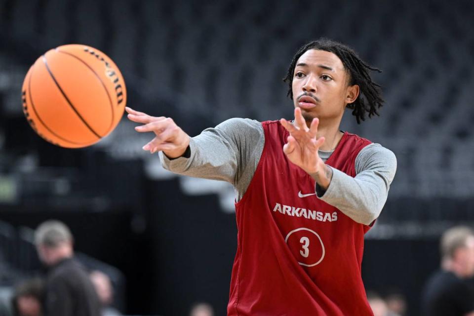 Arkansas Razorbacks guard Nick Smith Jr. (3) participates during a practice session at T-Mobile Arena. Candice Ward/Candice Ward-USA TODAY Sports