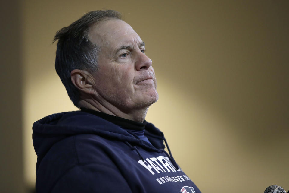 New England Patriots head coach Bill Belichick speaks to the media following an NFL wild-card playoff football game against the Tennessee Titans, Saturday, Jan. 4, 2020, in Foxborough, Mass. (AP Photo/Elise Amendola)