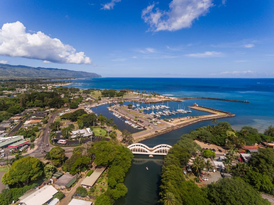 the town of Haleiwa, Hawaii overlooking the waters