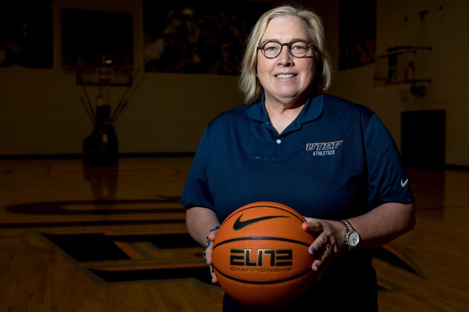 Head UTEP women's basketball coach Keitha Adams returns for 2nd stint as coach in 2023. Adams holds a basketball for a portrait on Tuesday, May 2, 2023, at the Foster & Stevens Basketball Complex on campus.