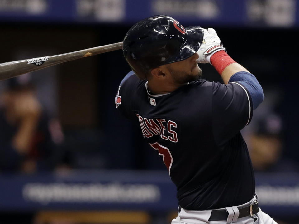 FILE - In this Sept. 11, 2018, file photo, Cleveland Indians' Yan Gomes watches his home run off Tampa Bay Rays pitcher Tyler Glasnow during the fifth inning of a baseball game in St. Petersburg, Fla. A person familiar with the trade says the Indians are sending All-Star catcher Gomes to Washington for outfielder Daniel Jonson right-hander Jefry Rodriguez. (AP Photo/Chris O'Meara, File)