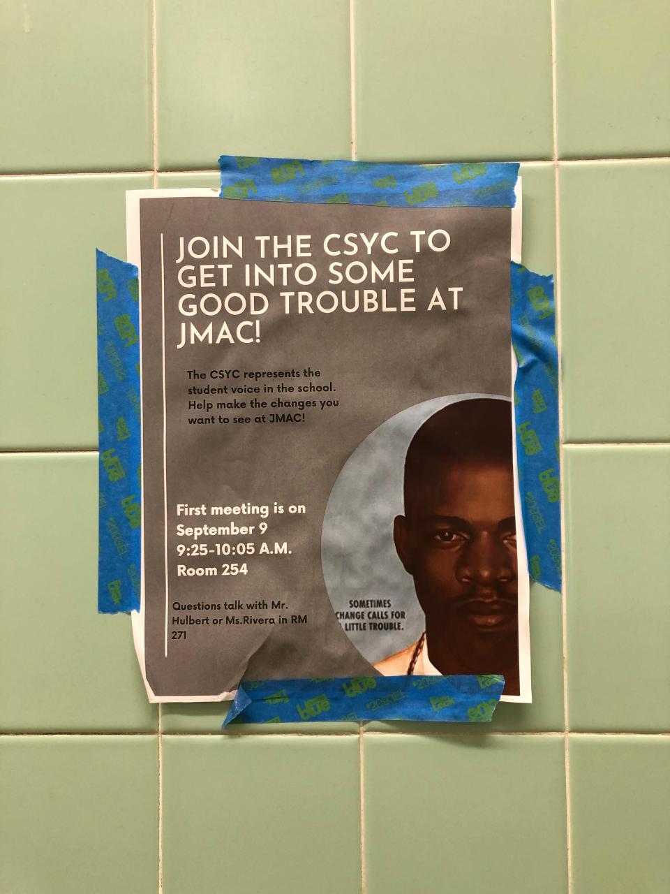 At James Madison Academic Campus in Milwaukee, a poster encourages students to sign up for the Community Schools Youth Council, which invites student input on everything from academics to school food choices.