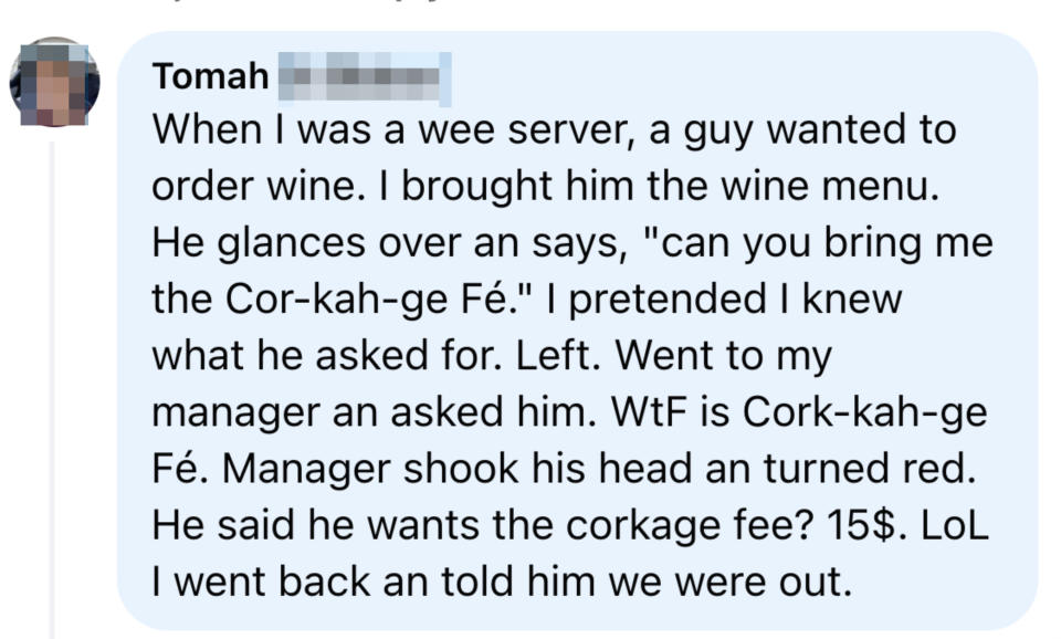 A screenshot of a social media post sharing a humorous story about a customer misunderstanding the pronunciation of 'Corkage Fee.'