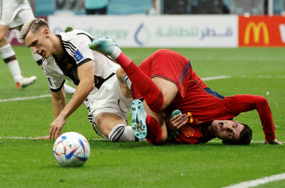 Spain’s Alvaro Morata in action with Germany’s Nico Schlotterbeck (REUTERS)