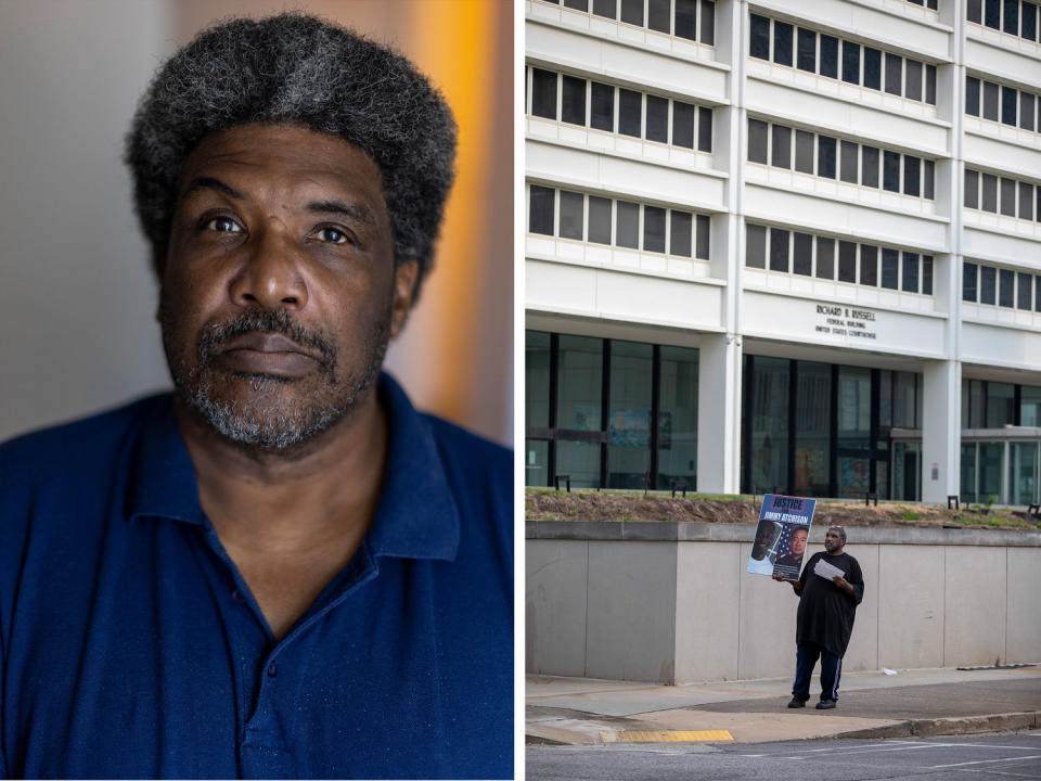 A side by side showing a portrait of Jimmy Hill and Jimmy Hill protesting outside the courthouse. (Alyssa Pointer for NBC News)