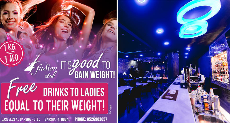 Fusion Bar in Dubai offers women free drinks based on what they weigh. [Photo: Supplied]