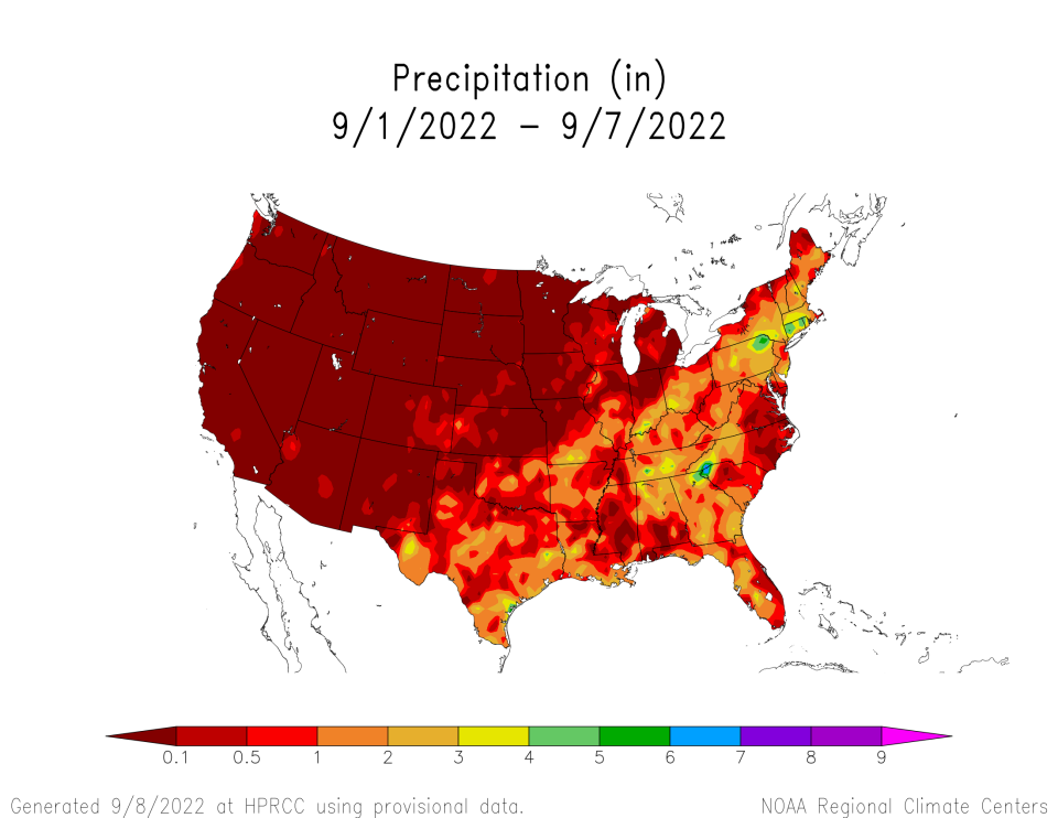 Map of precipitation in the U.S. Much of the Upper Plains and the entirety of the western U.S. received little, if any, rain between Sept. 1 and Sept. 7.