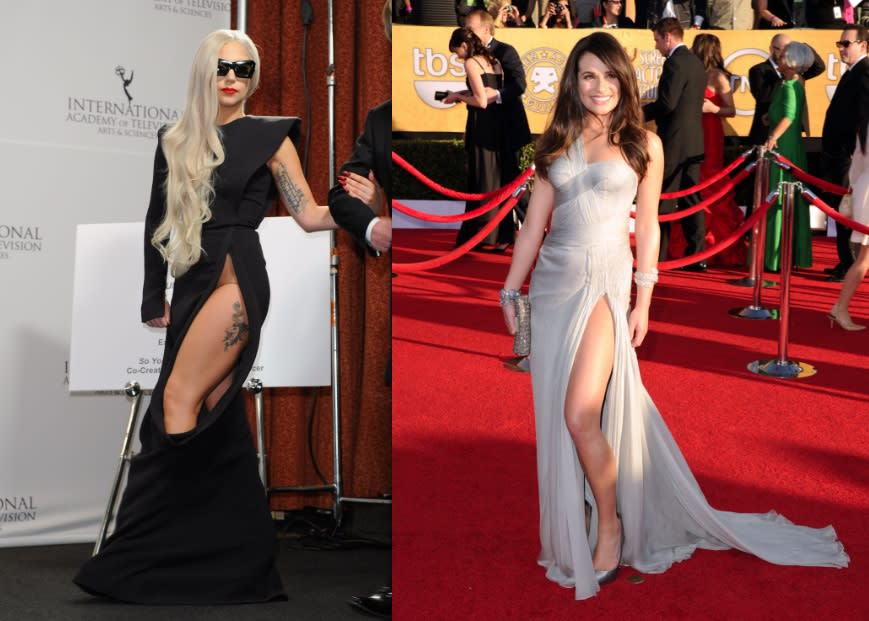 The thigh-split: A very sultry look seen all over the red carpet this season is the leg-split gown. A good rule of thumb? No one wants to see your naked hipbones. Lady Gaga took this too far (obviously) while Lea Michele nailed it.  (Andrew H Walker & Jason Merritt/Getty)