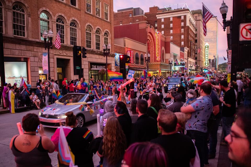 The Knox Pride Parade parades down Gay Street in downtown Knoxville on Friday, Sept. 30, 2022. Knox Pride will continues its annual Pride Fest activities at World's Fair Park through Sunday, Oct. 2, 2022.