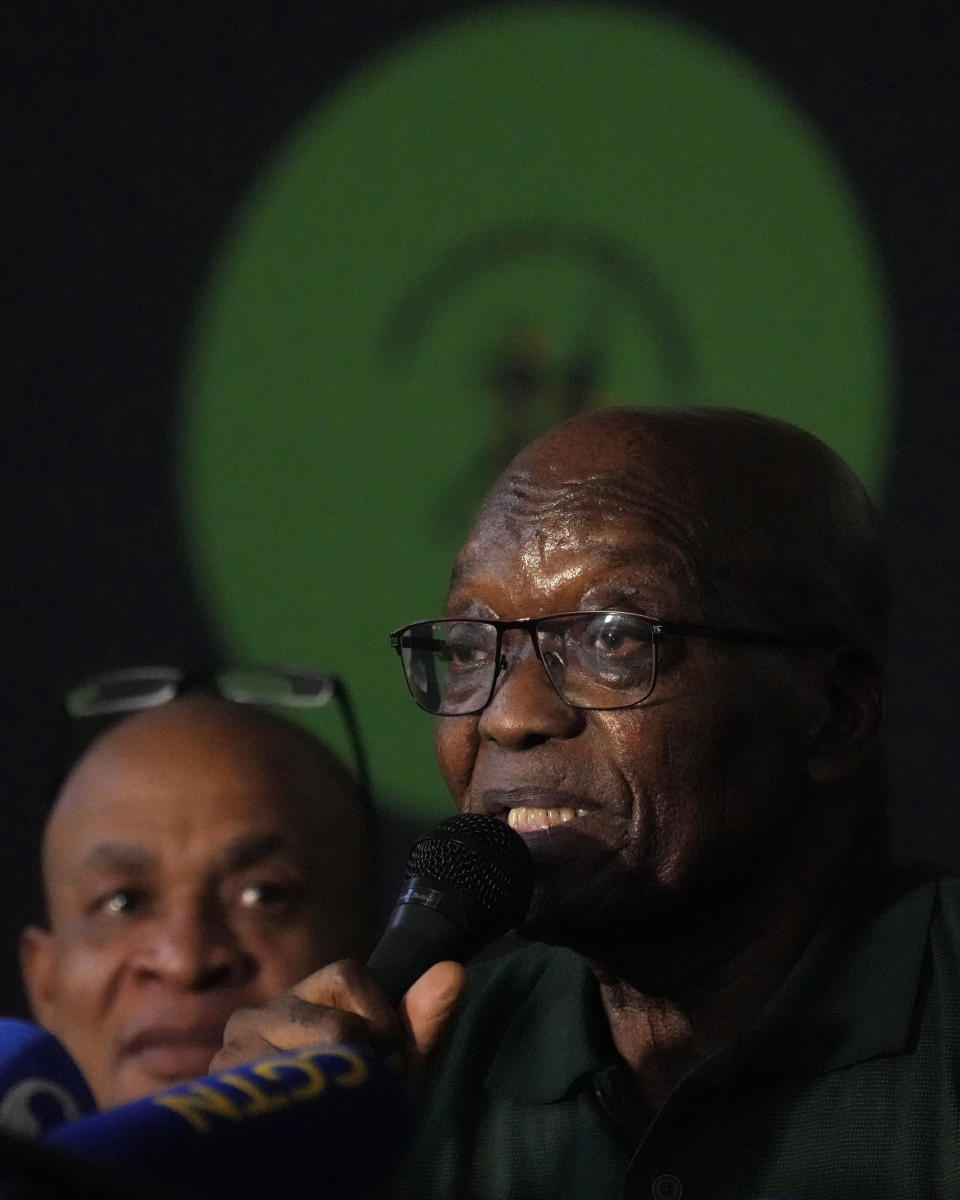 Former South African President Jacob Zuma speaks during a media conference in Soweto, South Africa, Saturday, Dec. 16, 2023. Zuma has denounced his ruling African National Congress party and announced that he will vote for a newly-formed political formation in the country's general election next year. (AP Photo/Themba Hadebe)