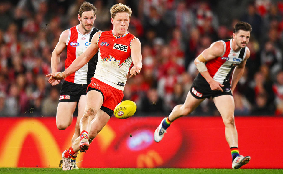 Isaac Heeney, pictured here in action for the Sydney Swans against St Kilda.