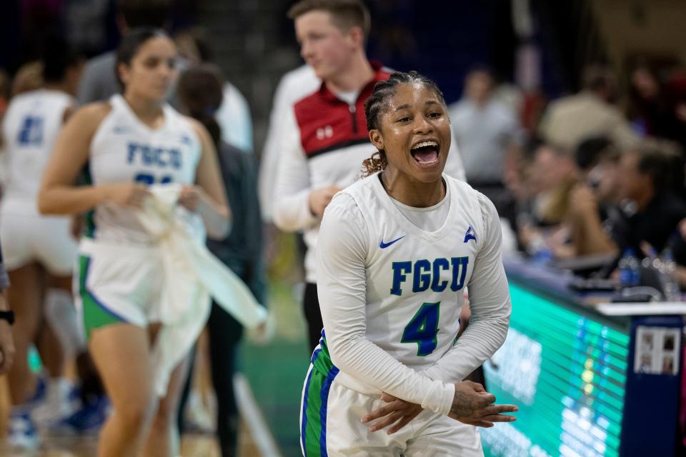 Tishara Morehouse of FGCU celebrates their 51-34 win over Austin Peay in the ASUN Women's basketball semifinals on Wednesday, March 8, 2023, at Florida Gulf Coast University.