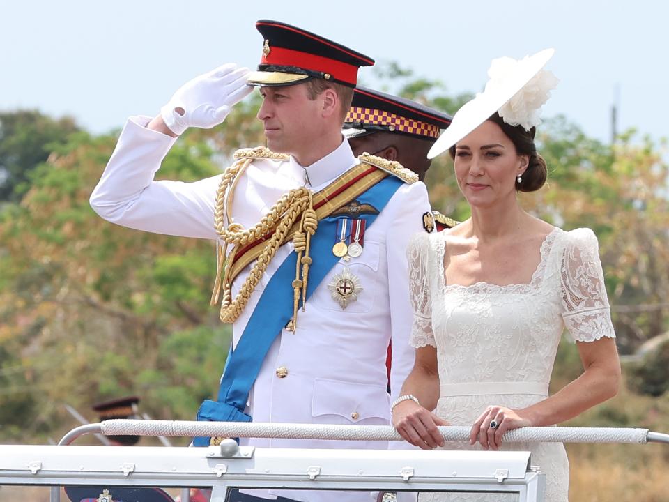 Prince William, Duke of Cambridge and Catherine, Duchess of Cambridge smile as they attend the inaugural Commissioning Parade for service personnel from across the Caribbean who have recently completed the Caribbean Military Academy’s Officer Training Programme, at the Jamaica Defence Force on day six of the Platinum Jubilee Royal Tour of the Caribbean on March 24, 2022 in Kingston, Jamaica.
