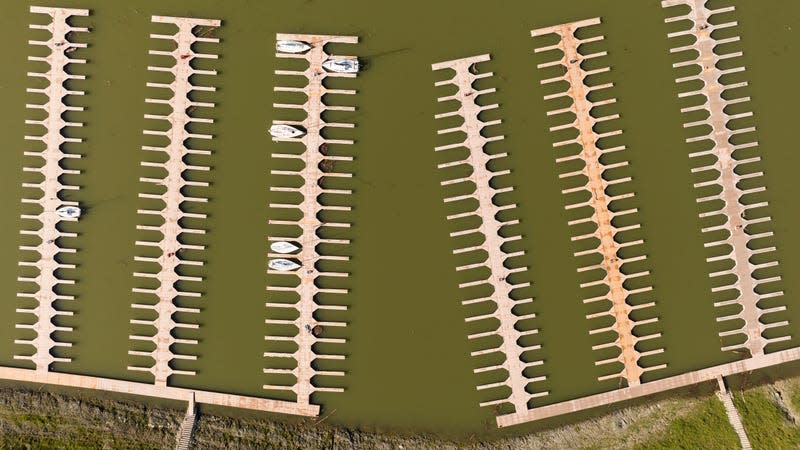 Docks float in the Browns Ravine Cove area of Folsom Lake in Folsom, California, on March 26, 2023.