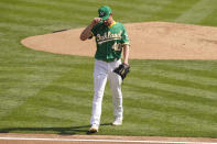 Oakland Athletics' Chris Bassitt walks off the mound after retiring the Chicago White Sox during the second inning of Game 2 of an American League wild-card baseball series Wednesday, Sept. 30, 2020, in Oakland, Calif. (AP Photo/Eric Risberg)