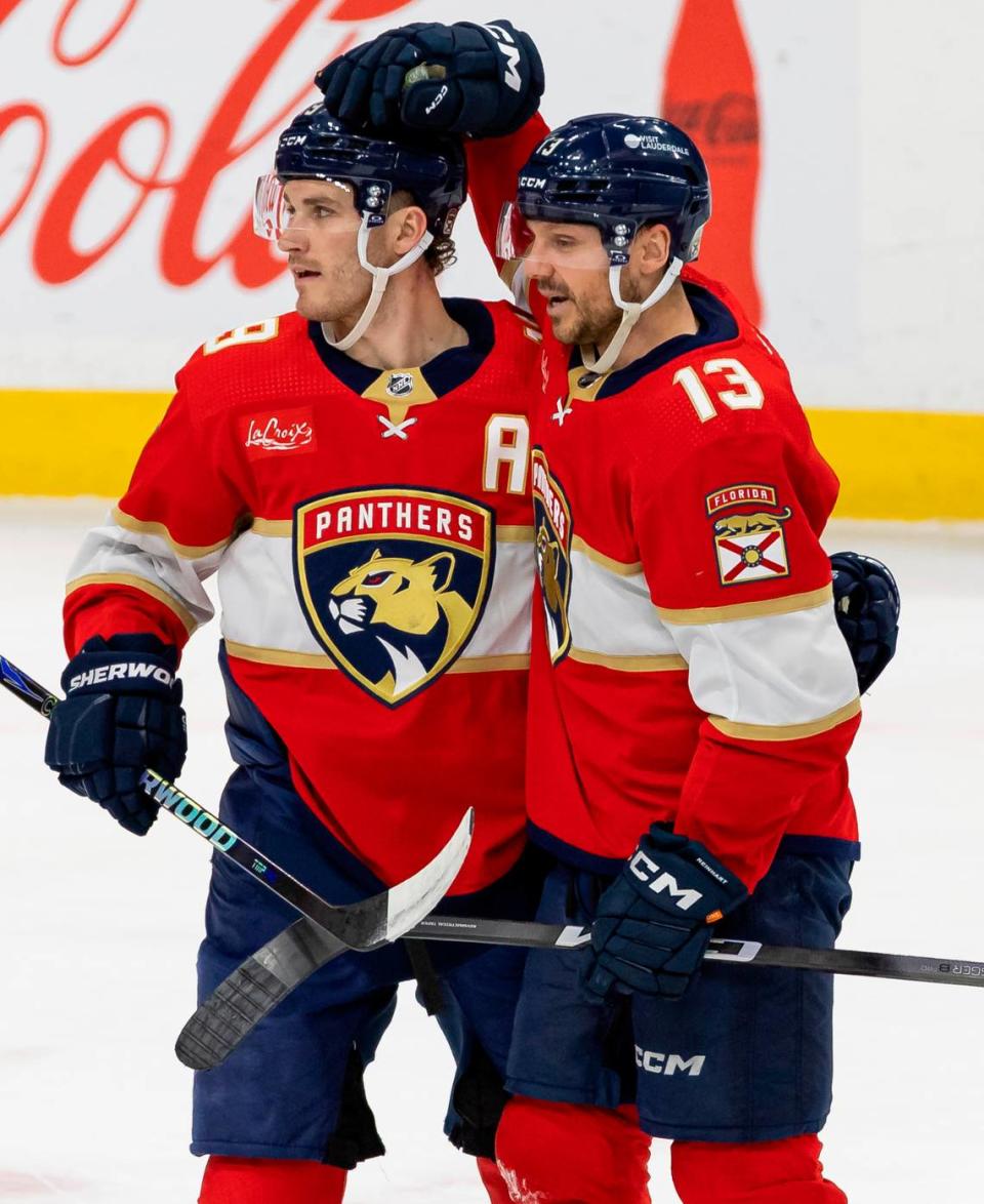 Florida Panthers center Sam Reinhart (13) celebrates with left wing Matthew Tkachuk (19) after scoring a goal against the Colorado Avalanche in the first period of their NHL game at the Amerant Bank Arena on Saturday, Feb. 10, 2024, in Sunrise, Fla.