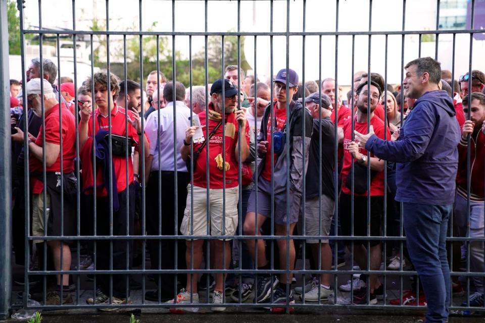 Liverpool fans were stuck outside the ground, with the kick-off delayed (Adam Davy/PA) (PA Wire)