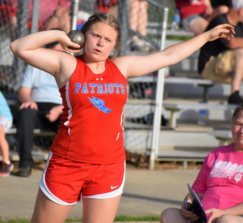 Owen Valley's Nova Mobley competes in the shot put at the Bloomington North sectional on May 17, 2022.