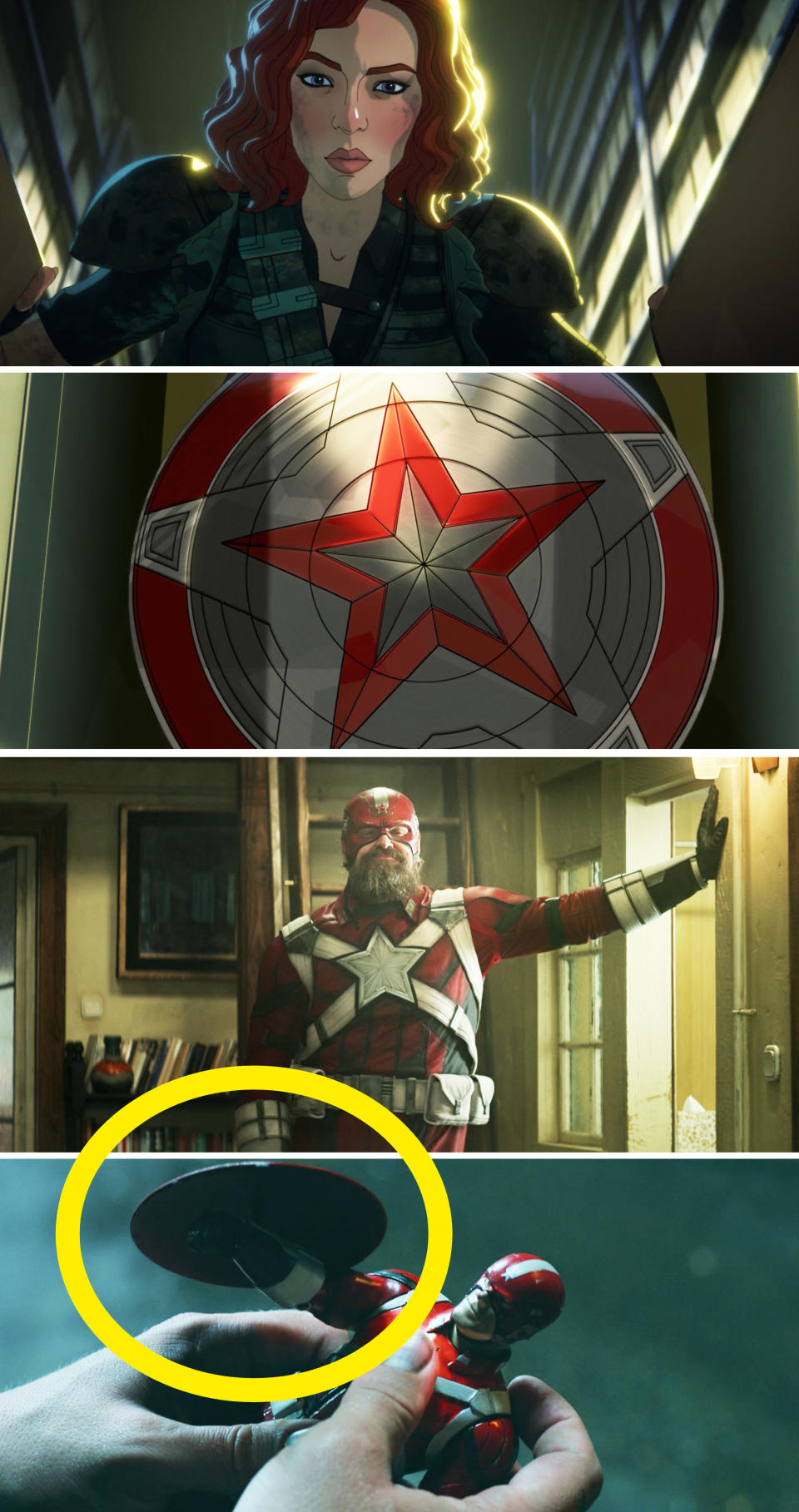 Although he never has his original shield in Black Widow, we do see it on his action figure.